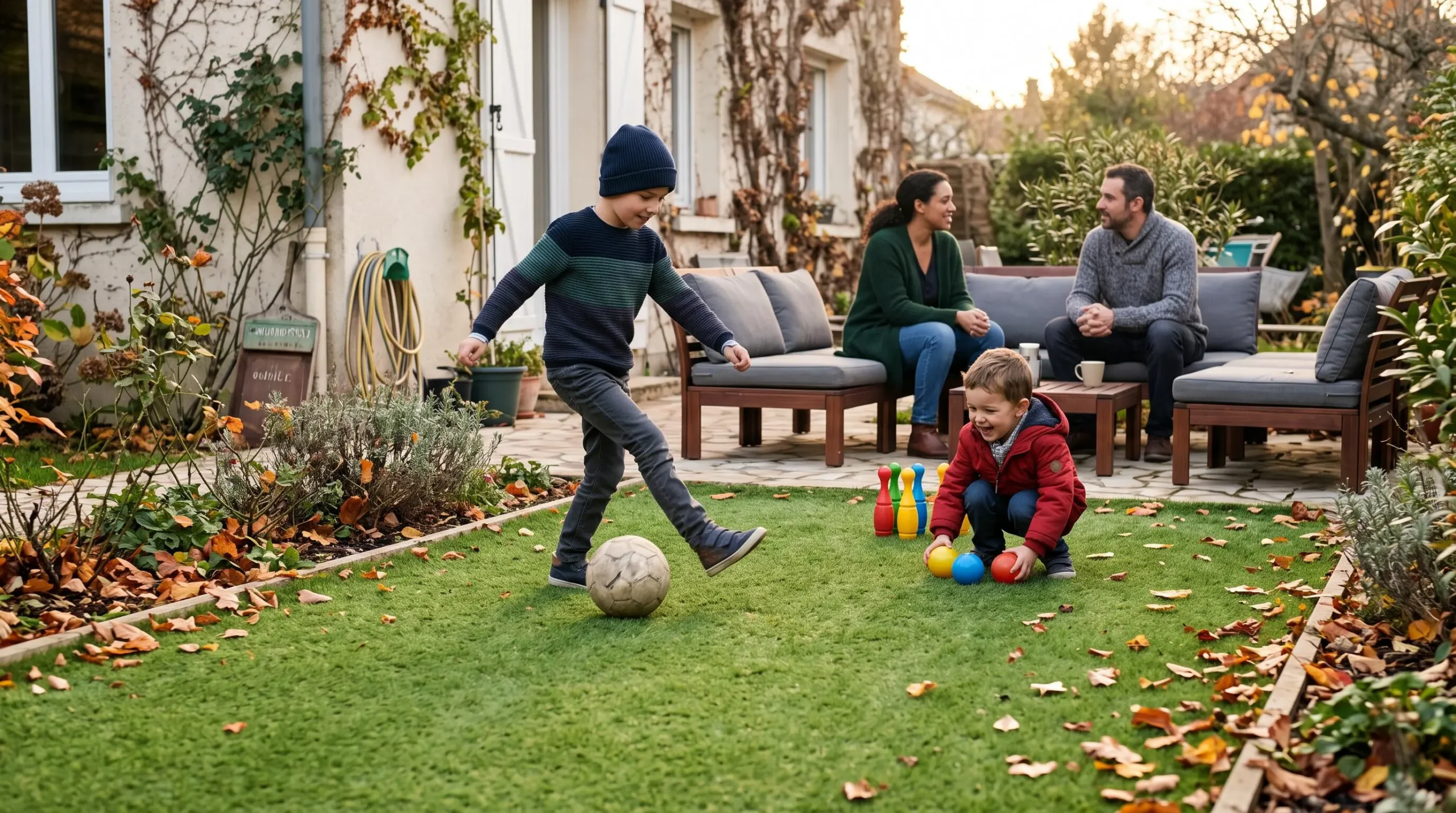 Famille dans jardin avec gazon synthétique en automne, enfants jouant sur la pelouse, parents assis en arrière-plan, espace utilisable hors saison estivale