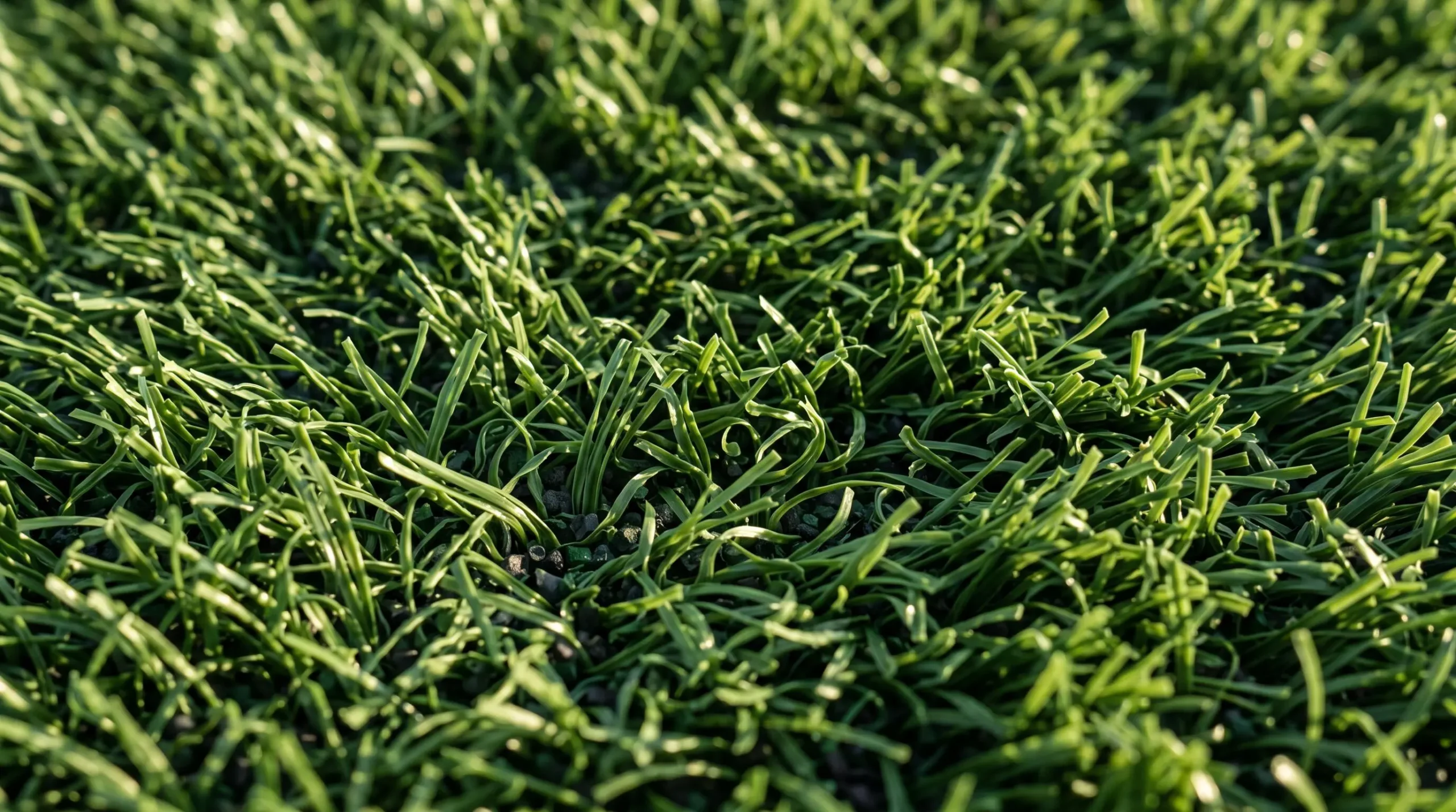 Gros plan macro sur fibres de gazon synthétique haute densité montrant la texture réaliste des brins polyéthylène et leur disposition dense
