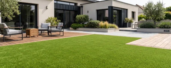 Jardin résidentiel français avec gazon synthétique dense et vert installé, bordures nettes délimitant une terrasse en bois, maison contemporaine en arrière-plan
