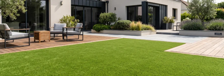 Jardin résidentiel français avec gazon synthétique dense et vert installé, bordures nettes délimitant une terrasse en bois, maison contemporaine en arrière-plan