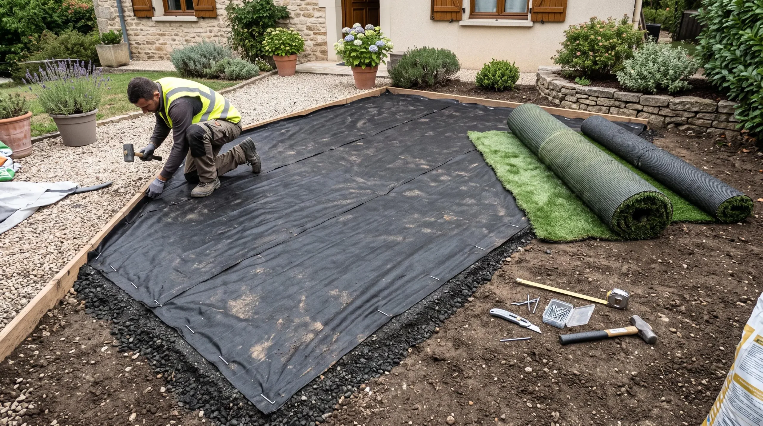Sol de jardin avec géotextile noir étendu, fixé par agrafes métalliques, rouleau de gazon synthétique et outils de pose en attente